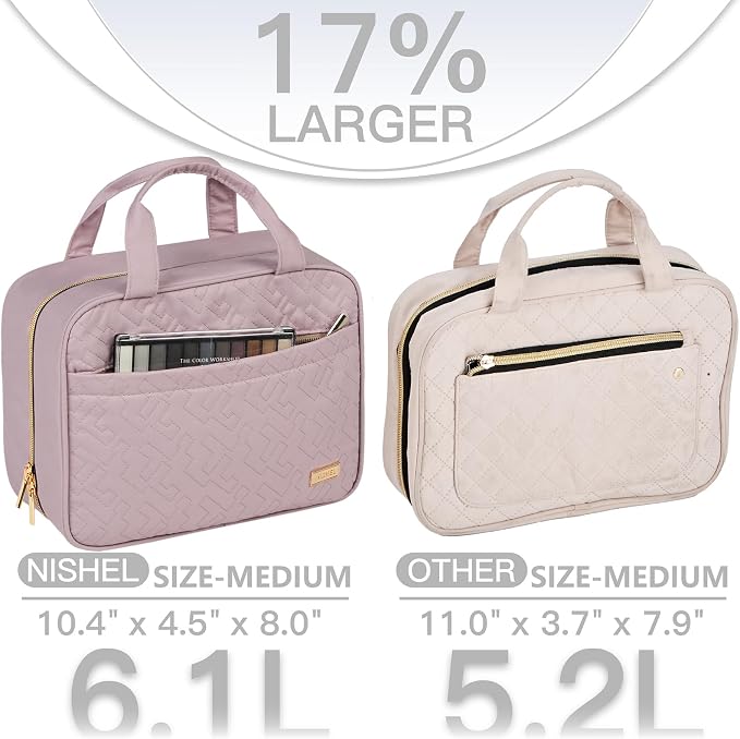 NISHEL Travel Toiletry Bag for women, Portable Hanging makeup Organizer | for Travel-Sized Shampoo, Conditioner, Brushes Set, makeup Accessories, Medium Size, Peach Pink - Image 3
