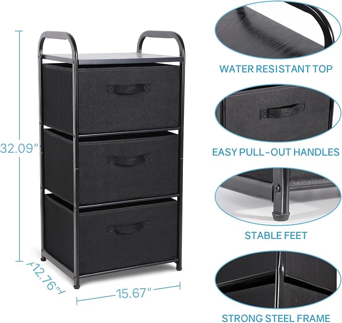 MAX Houser Dresser Storage with 3 Fabric Drawers, Black | Vertical Storage Unit for Bedroom,Chest of Drawers with Metal Frame, Wooden Tabletop, for Living Room, Closet - Image 3