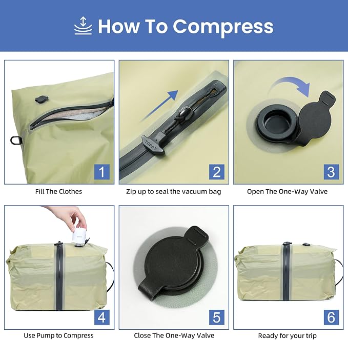 BAGAIL TPU Vacuum Bag for Travel, Reusable Compression Bag with IPX8 Waterproof Zipper, Save Space for Suitcase, Backpack and Carry on (Olive Green, ExtraLarge, With Pump) - Image 6