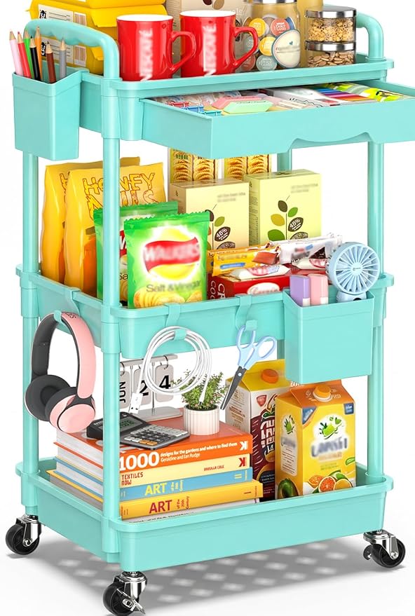 SUNALLY 3 Tier Rolling Cart with Drawer, Craft Storage Cart Organizer, Blue | Bathroom Storage Organizer with 2 Lockable Wheels, Rolling Utility Cart for Kitchen, Office, Baby, Makeup, Nail,Snack,Laundry by SUNALLY
