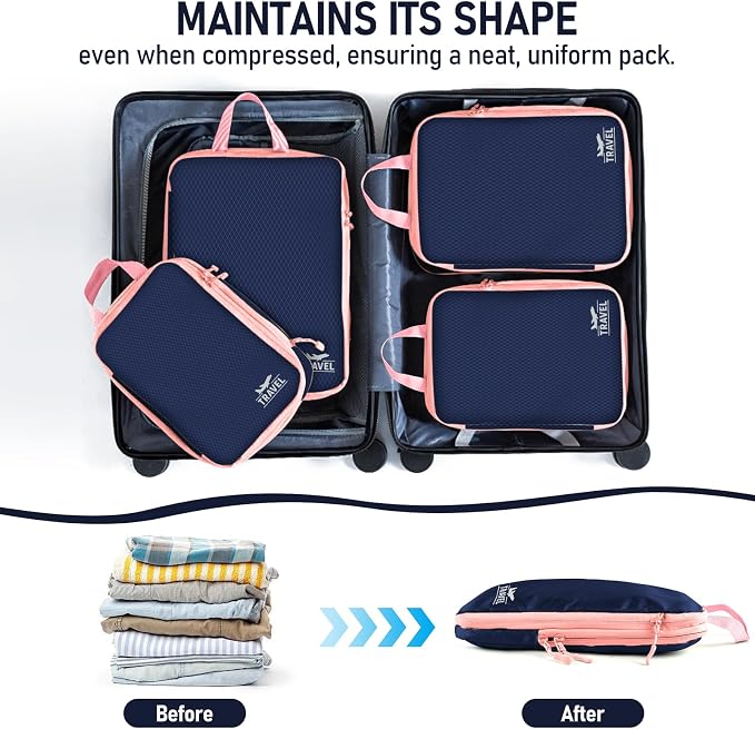 6 Set Compression Packing Cubes, Suitcase Organizer, Lightweight Travel Essentials, Compression Bags For Travel Accessories Luggage Storage Set (6Pcs, Navy blue) - Image 5