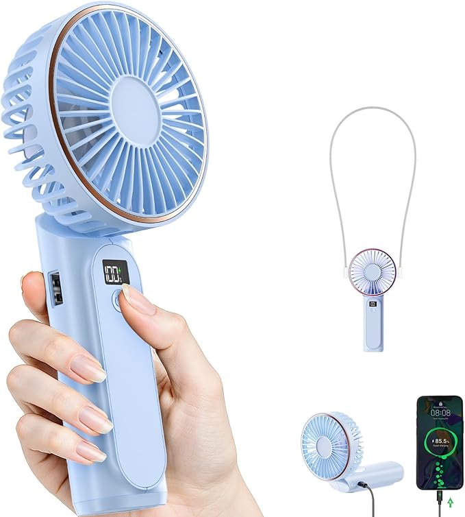 TUNISE Portable Handheld Fan, Portable Fan Rechargeable, 4000mAh, 180° Adjustable, 6 Speed Wind, Display Electricity in Real Time, USB Rechargeable Foldable Fan, Quiet Personal Fan as Power Bank by TUNISE