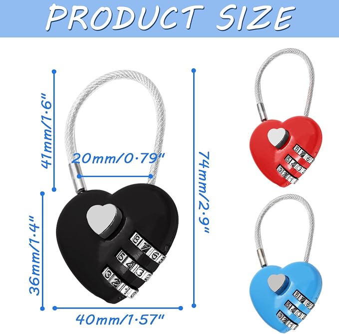 3 Pack Mini Padlock Heart Code Lock 3-Digit Combination | For Boxes/Suitcase/Travel Bags, Red/Blue/Black - Image 5