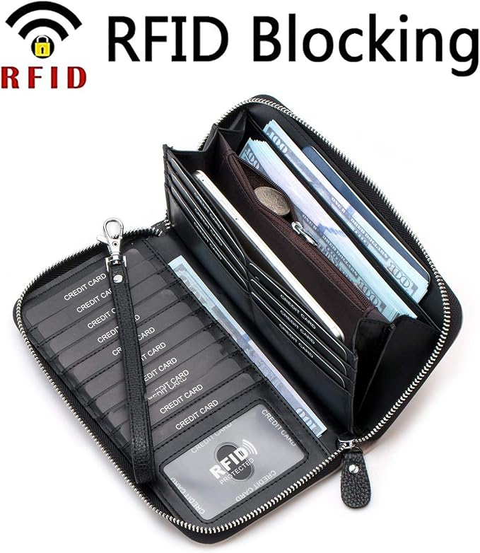 Moflycom Womens Wallet RFID Blocking Genuine Leather Multi Credit Card Large Capacity Zip Around Clutch Travel Purse Wristlet - Image 2