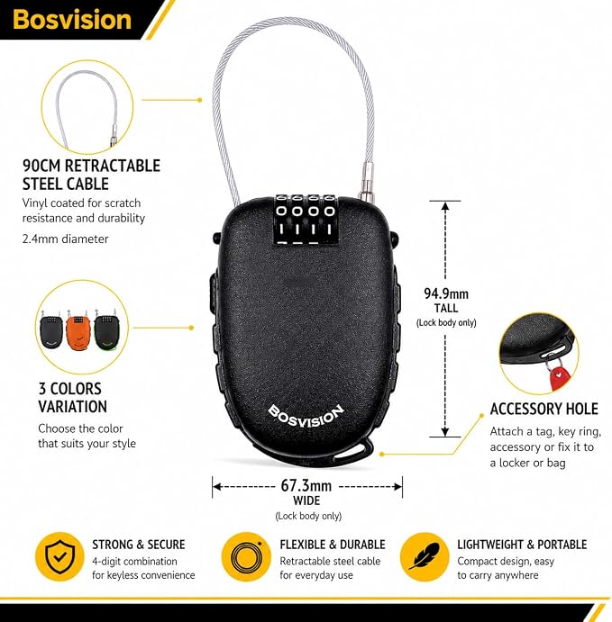 Bosvision Ultra-Secure 4-Digit Combination Lock with 90cm Retractable Cable for Bike, Ski, Snowboard and Stroller | 4-Digit Cable Lock, Steel Retractable Cable (2.4mm diameter) for Ski, Bike, Scooter, Skate Board, Stroller, Pushchair - Image 2