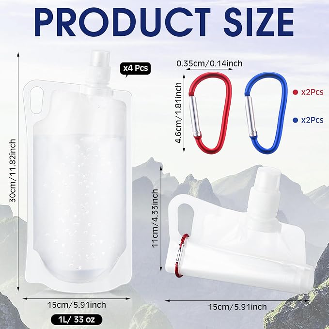Maxdot 4 Pack 1L Collapsible Travel Water Bottles with Clip 33 oz Clear Foldable Water Pouch Container Bag for Hiking Backpacking Camping Travel Emergency - Image 2