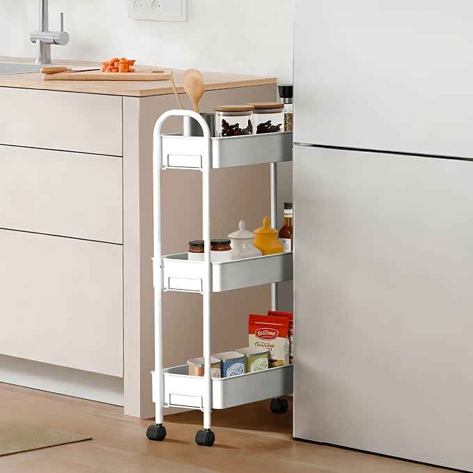 Slim Rolling Cart, Metal Frame Utility Rolling 3-Tier Narrow Storage Cart | Kitchen Storage Organizer, Mobile Shelving Unit for Bathroom Kitchen - Image 3