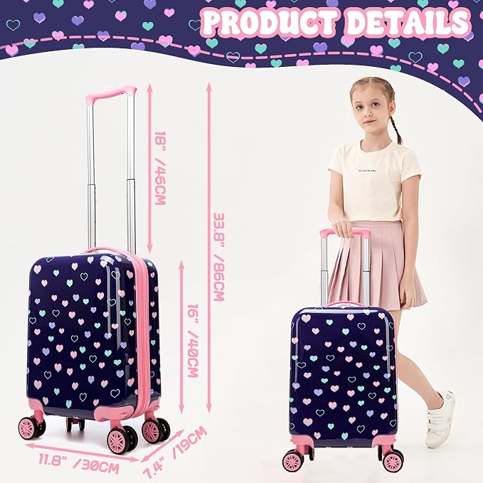Kid's Luggage Set 5 Piece Suitcase Set 16" Hardside Luggage with Spinner Wheels Girls Carry on Toddler Travel Rolling Suitcase with Neck Pillow Airline Approved - Image 3