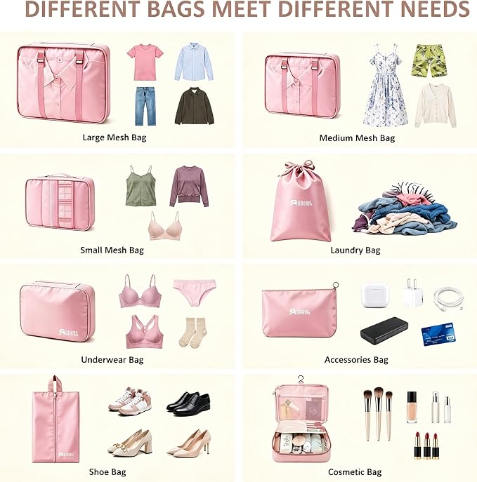 8 Set Packing Cubes for Travel Essentials With Hanging Toiletry Bag for Women, Lightweight Suitcase Organizer Bags with Mackup bag, Carry On Luggage Accessories (Pink) - Image 3