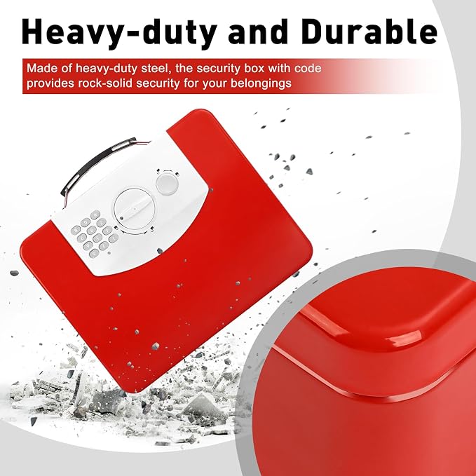 KYODOLED Red Safe Box with Digital Keypad Lock, Lock Box with Code for Personal Items, Metal Security Box for Cash, Passport, Jewelry, Ideal for Home, Office, Garage Sale, 11.8'' x 9.4'' x 3.5'' - Image 6