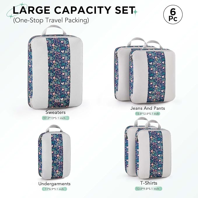 OlarHike 6 Set Compression Packing Cubes for Travel Essentials,Compressible Expandable Space Saver Bags for Organizing Clothes,Luggage Garment Bags with Over 1000 pcs Mesh Holes(Dark Blue Floral) - Image 2