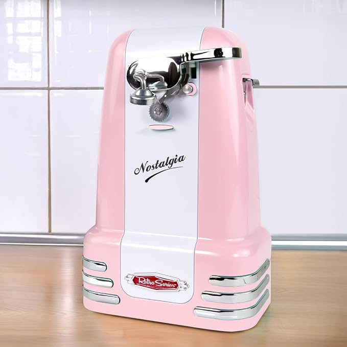 Nostalgia Retro Electric Can Opener for Kitchen with Magnetic Lid Remover, Knife Sharpener, and Soda or Beer Bottle Opener, Pink - Image 6
