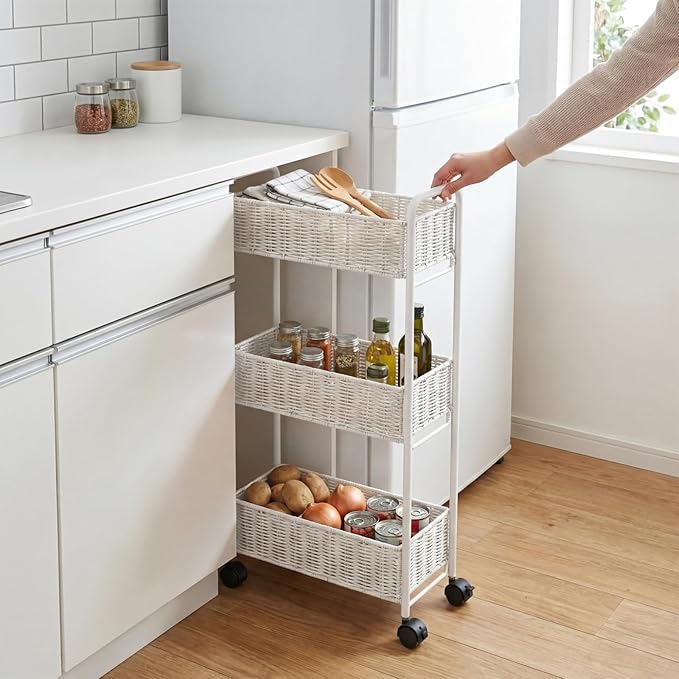 Utility Slim Storage Cart,3-Tier Rolling Kitchen Office Laundry Room Cart,Mobile Shelving Unit Organizer for Living Room Bathroom Baby Diaper Narrow Places (White, UC-White-7.1inch) by FOCHIERF