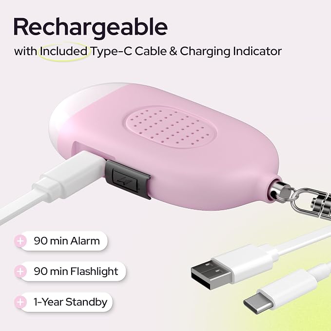 Weten Rechargeable Personal Alarm Keychain - 130dB Siren & LED Light - Stylish Personal Safety Alert for Women to Carry - Panic Button Alarm for Security - Rape Whistle for Self Defense (Pink) | LED Light, Stylish Safety Alert for Women to Carry, Panic... - Image 4