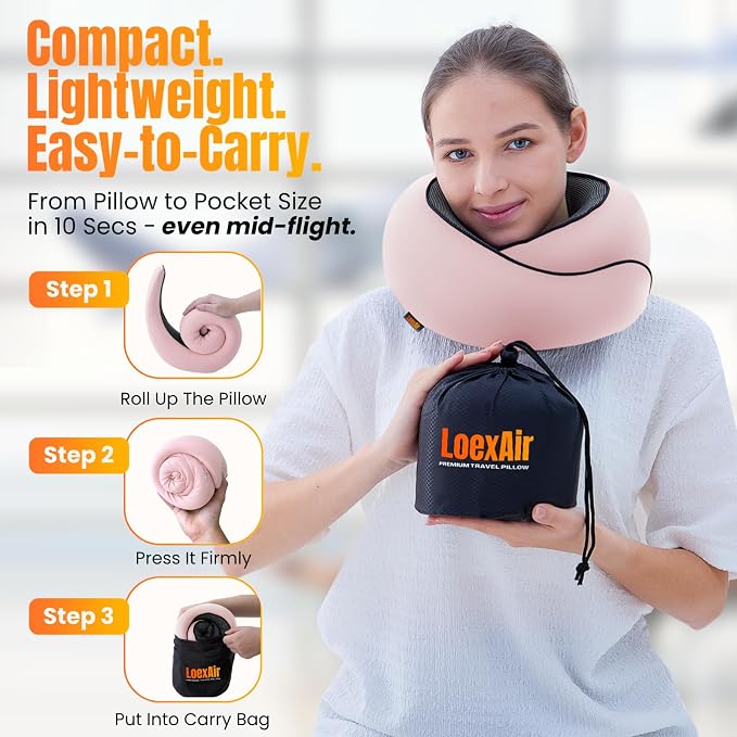 LOEXAIR™ Travel Pillow, Neck Pillow Travel for Airplane, Car - 100% Cotton Fabric & Memory Foam Plane Pillow, Lightweight & Easy-to-Carry on Flight, Full Travel Set (Eye Mask, Earplugs) - Sakura Pink - Image 2