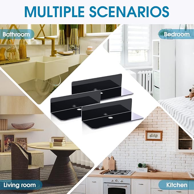 Maitys 8 Pcs Black Acrylic Floating Shelves Back to School Supplies 9 Inches Adhesive Wall Mounted Shelves No Drill Hanging Acrylic Wall Display for Living Room Bathroom Bedroom Kitchen Office - Image 6