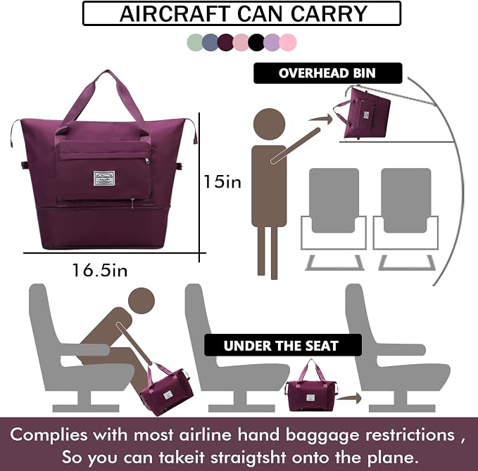 INVODA Travel Bag for Women Expandable Weekender Overnight Bag Carry on Sports Tote Gym Bag Waterproof Foldable Duffel Bag (Fuchsia) - Image 6
