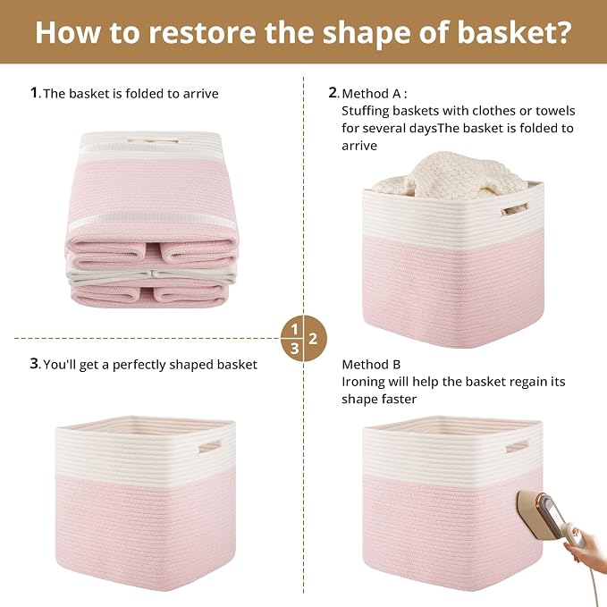 OIAHOMY 13 Inch Cube Storage Bins, 3-Pack Cotton Rope Woven Baskets for Organizing, Insert Storage Baskets for Shelves, Baby Nursery, Closet Organizer, 13 * 13 * 12.6IN, Pink & White - Image 7