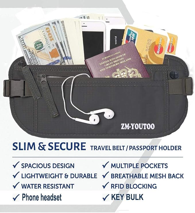 ZM-YOUTOO Money Belt for Travel - Hidden Travel Pouch Protect Your Credit and Money With RFID Blocking Passport Holder Waist Wallet (gray) - Image 2