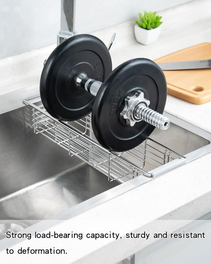 Expandable Kitchen Sink Caddy, 304 Stainless Steel Over the Sink Sponge Holder, Adjustable Drain Rack Organizer for Sponges, Brushes, Dish Soap, Rustproof & Quick-Dry - Image 4