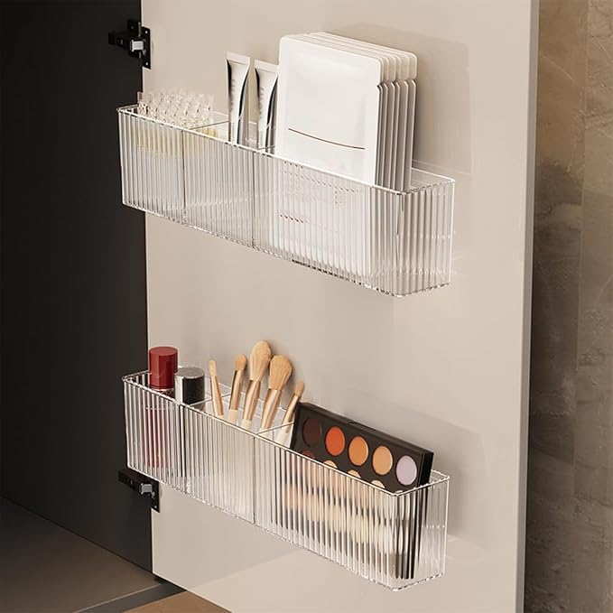 Lae Nuvole Wall Organizer, 2-Pack Clear Adhesive Shelves for Narrow Space | 3 Compartments, Slim 2.28" Depth, No-Drill Adhesive Mount, renter friendly, for Bathroom Vanity, Office, Cabinet Door by LaeNuvole