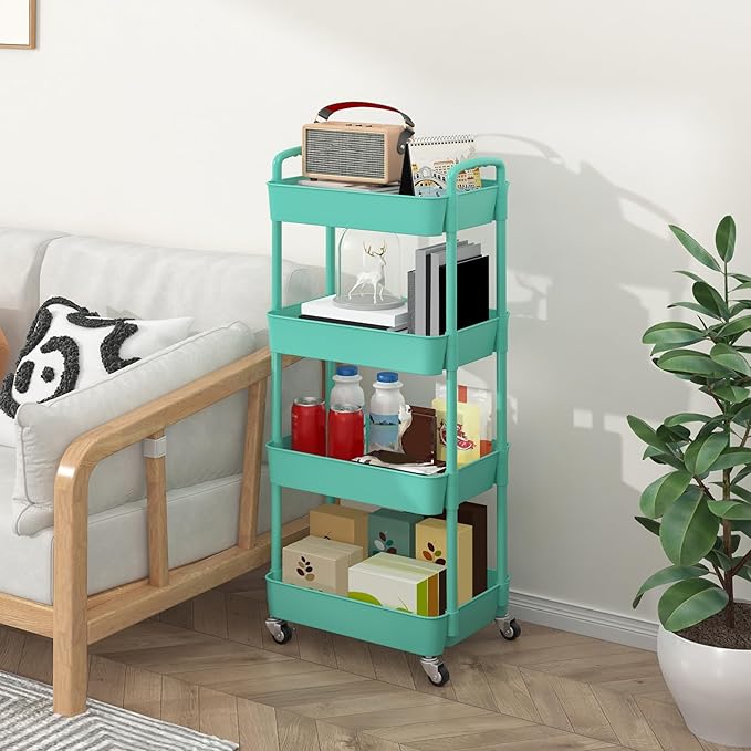 Sywhitta 4-Tier Plastic Rolling Utility Cart with Wheels for Storage,Green | Multi-Functional Storage Trolley, for Office, Living Room, Kitchen, Bathroom,Movable Organizer,Space-Saving,Easy to assemble - Image 5