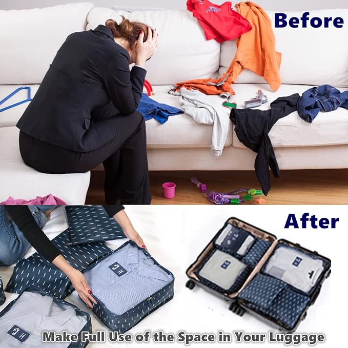 6 PCS Travel Suitcase Organizer Bags, Travel Organizer Packing Cubes Set Laundry Bags, Travel Clothes Storage Bag, Packing Organizer Compression Pouches for Traveller(Navy Blue Feather) - Image 4