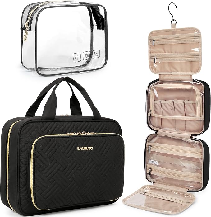 BAGSMART Toiletry Bag Hanging Travel Makeup Organizer with TSA Approved Transparent Cosmetic Bag Makeup Bag for Full Sized Toiletries, Large-Blck by BAGSMART