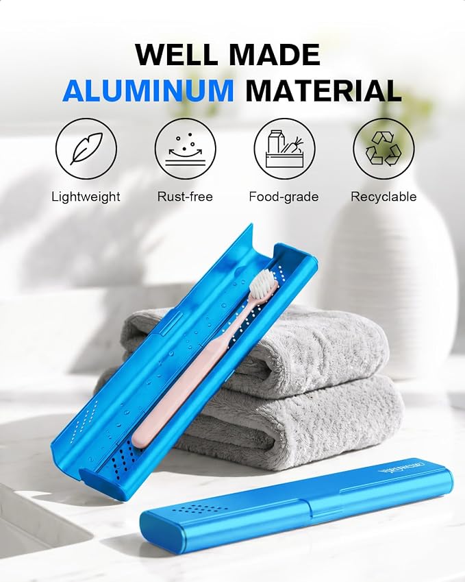 Toothbrush Case Cover for Traveling, Aluminum Toothbrush Holder for Manual Toothbrush + Mini Toothpaste, Portable Tooth Brush Storage Box for Camping Business Trip-Blue (1 Pack) - Image 2