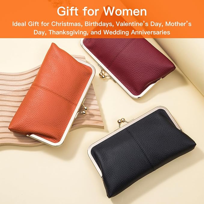 Women's Genuine Leather Wallet - Fashionable Kiss Lock Card Holder, Long Clutch Purse, Portable Large Capacity Travel Wallet (Wine Red) - Image 6