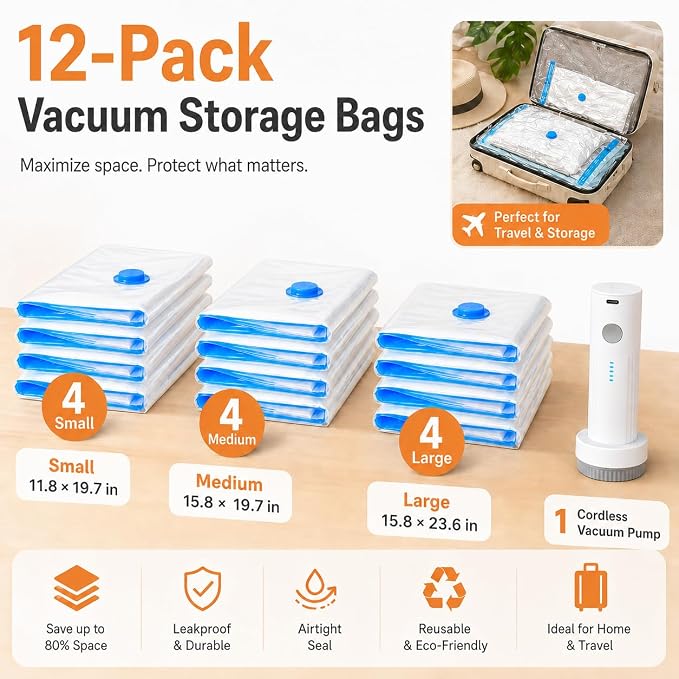12 Pack Vacuum Bags for Travel with Rechargeable Pump, Save Luggage Space | Transparent Bag Design for Easy Clothing Organization, 1500mAh USB-C Wireless Pump, Ideal for Suitcases, Backpacks, Wardrobes - Image 2