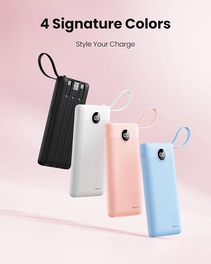 Portable Phone Charger, Slim 10000mAh Travel Essentials Power Bank with Cords Wires, Battery Pack 5 Outputs 2 Inputs LED Display Compatible with iPhone/Android & More (Pink) - Image 7