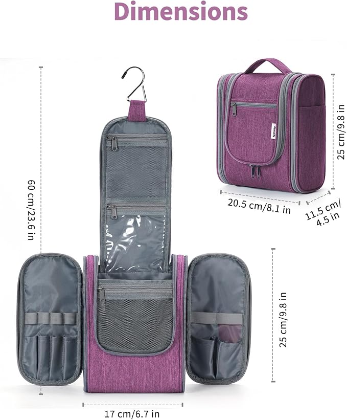Narwey Small Hanging Toiletry Bag Women Travel Makeup Bag Organizer Toiletries Bag for Travel Size Essentials Accessories Cosmetics (Medium, Dark Purple) - Image 2
