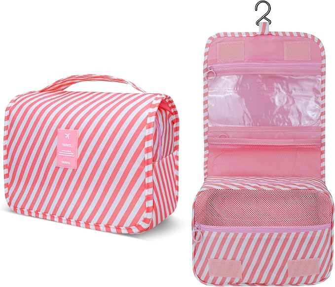 Lcsmaokin Large Capacity Toiletry Bag Travel Bag with Hanging Hook for Men and Women Waterproof Travel Cosmetic Bag Bathroom Storage Bag for Brushes Set, Full-Sized Shampoo,Accessories(Pink Stripe) - Image 2