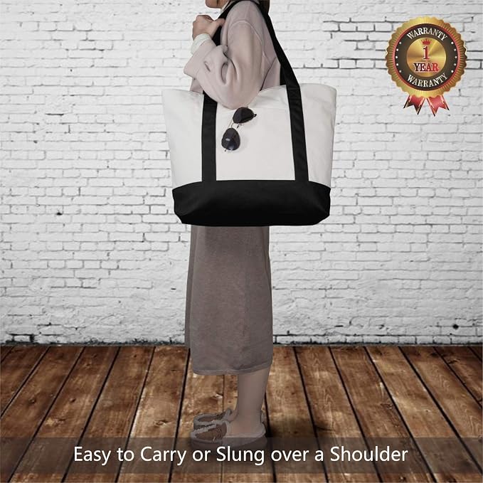 TOPDesign 6-Pack Canvas Tote Bags with an External Pocket, Reusable Grocery Shopping Bags, Top Zipper Closure, Daily Essentials (Black/Natural) - Image 2