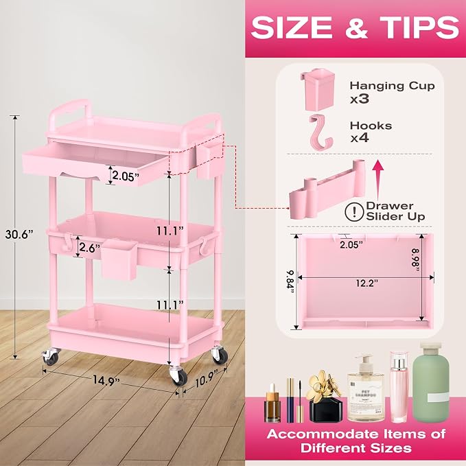 Goovilla Rolling Makeup Organizer Cart with Removable Drawer, 3 Tier Pink | Stable Floor Skincare Storage Cart for Vanity, Cosmetic Display, Nail Polish, Perfume, Hair Stuff, Beauty, Bathroom(Plastic) - Image 2