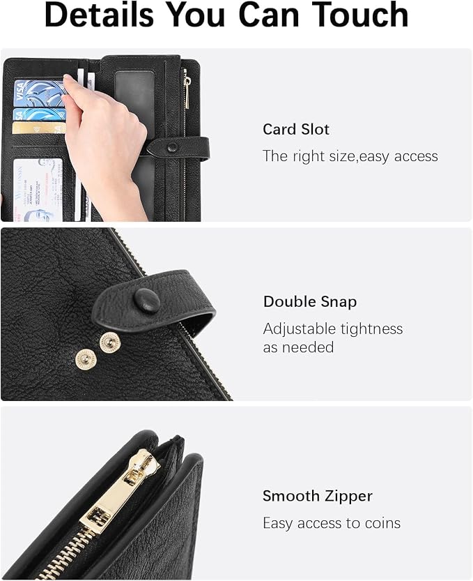 BOSTANTEN Womens Leather Wallet RFID Large Capacity Credit Card Holder | 4 ID Windows, 16 Card Slots, Zipper Coin Pocket, Clutch Wallet, Long Bifold, Ladies Gifts, Grey Black - Image 6