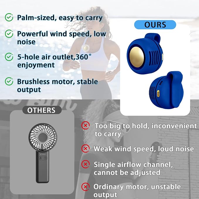 Portable Clip-On Fan, Mini USB Rechargeable 360° Rotatable Fan, Personal Fan 3-Speed Silent Mini Bladeless Fans (1 pack（Dark blue) - Image 5