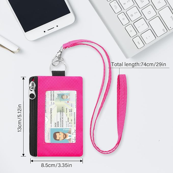 Minimalist RFID Blocking Wallet with 2 Zip Pockets and Lanyard, Water Resistant ID Case with Key Ring and Cards Badge Holder, Coin Purse Pouch for Men and Women Travel Sports -BU+ROSE - Image 3