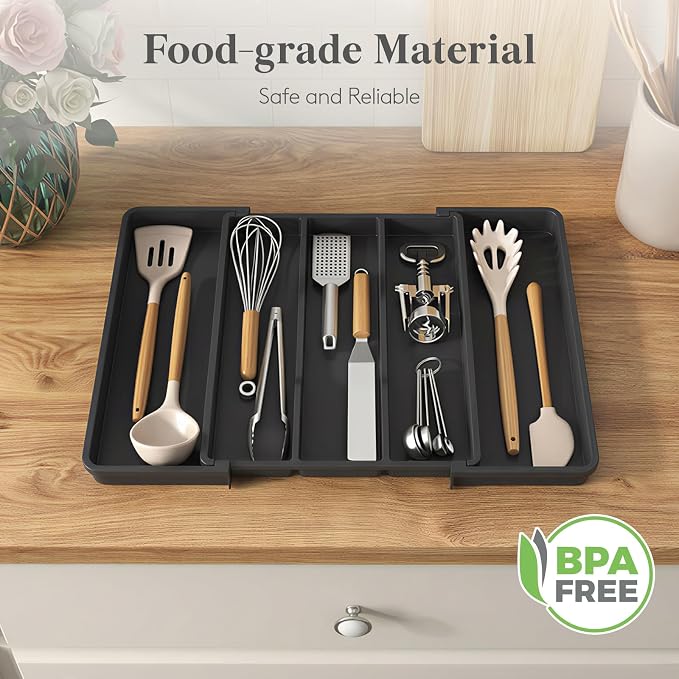 Lifewit Utensil Organizer for Kitchen Drawers, Expandable Utensil Tray | Adjustable Cooking Cutlery Silverware Flatware Holder, Plastic Spatula Tools Storage Divider, 11.5- 20 x 14.5", Black - Image 9