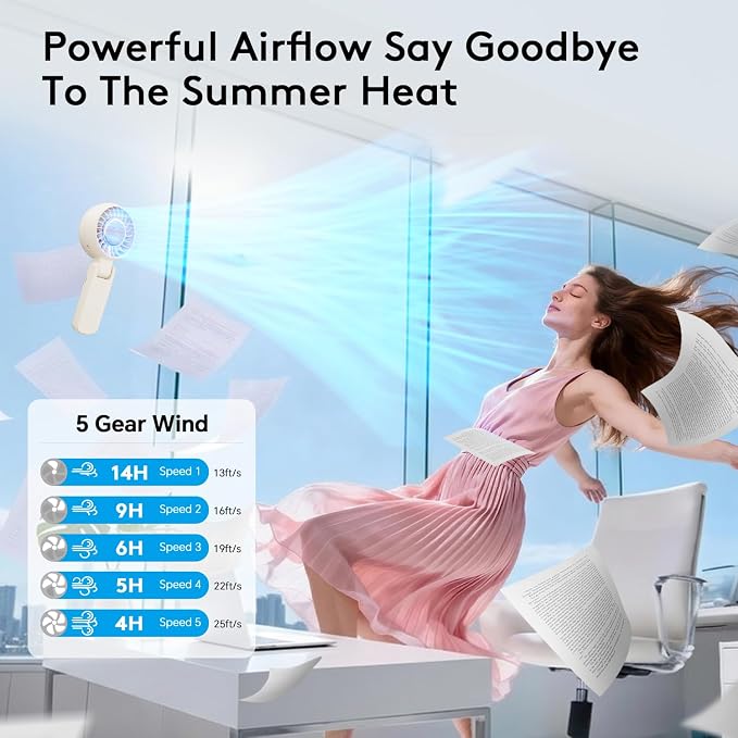 ZOZOO Portable Fan, USB Rechargeable 194°Folding Handheld Fan,5 Speed&LED Display &High Power Motor Table Fan, 3 IN 1 Quiet Strong personal Neck fans for Travel,Camping,Beach (White) - Image 4
