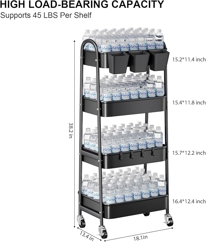Black 4 Tier Rolling Cart Metal with Lockable Wheels, Four Tiered,38in Tall | Storage Rolling Cart on Wheels, Heavy Duty Utility Organizer Carts for Laundry, Kitchen, Dorm, Craft, Art, Snack, Mesh Basket - Image 9