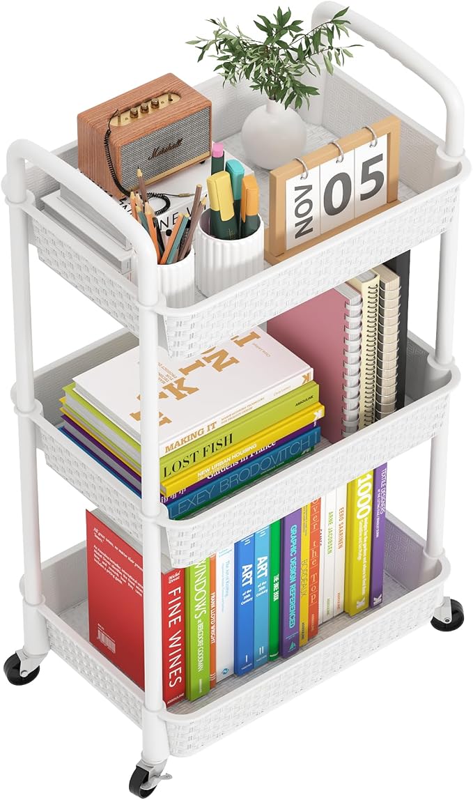 MOYIPIN 3-Tier Plastic Rolling Utility Cart with Handle,Utility Storage Cart for Office, Living Room, Kitchen,Movable Storage Organizer Shelves,White | Utility Storage Cart for Office, Living Room, Kitchen,Movable Storage Organizer，Easy installation，Ra... by MOYIPIN