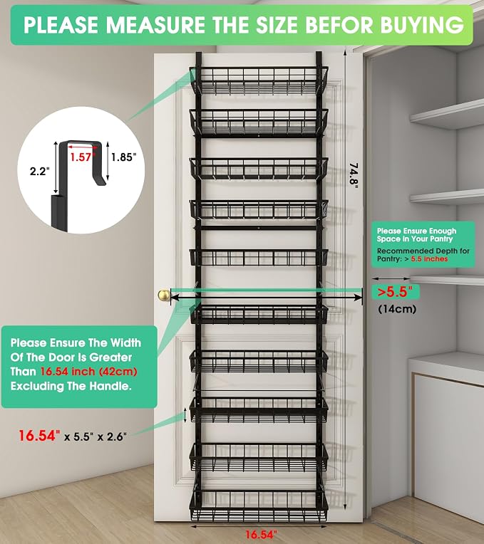Mefirt 10-Tier Over The Door Pantry Organizer, 2 in 1 Wall Mount & Hanging | Pantry Organization and Storage, Black Metal Adjustable Basket, Wall Spice Rack Seasoning Shelves, Home & Kitchen Essentials - Image 2