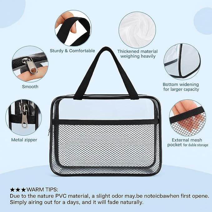 XEWEA 2PCS TSA Approved Clear Travel Toiletry Bags For Men Women, | Transparent Makeup Cosmetic Bag, Handle Zipper, Waterproof PVC, Quart Organizer Pouch for Airport Airline, Black - Image 5