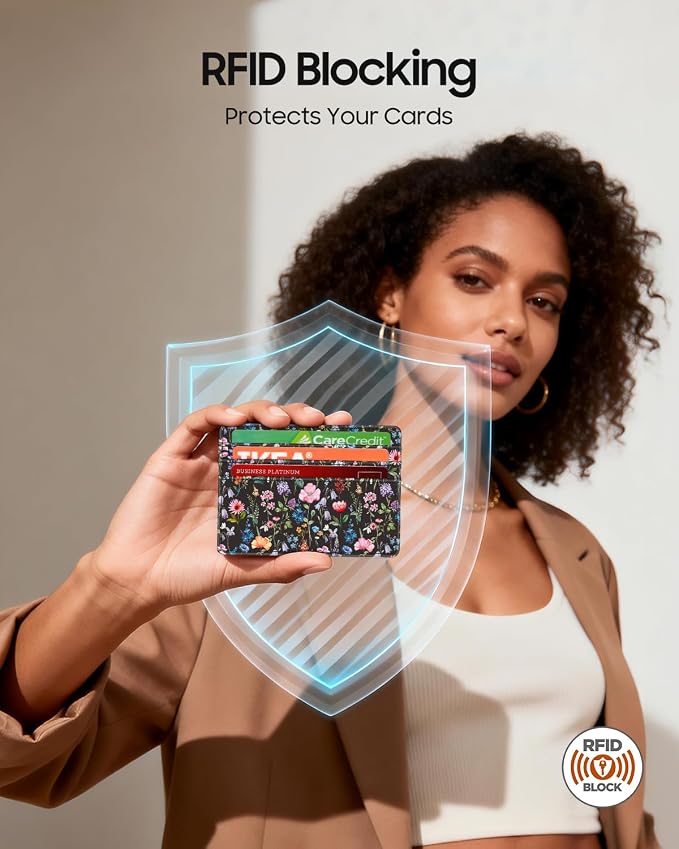 FINTIE Slim Minimalist Front Pocket Wallet RFID Blocking Credit Card Holder | Card Cases with ID Window for Men Women, black floral - Image 3