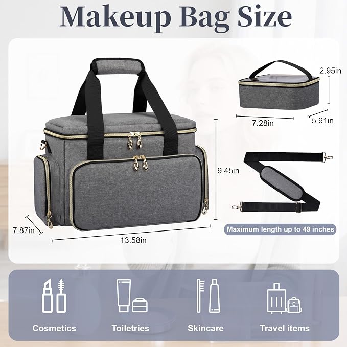 GDNasist Large Makeup Bag, Portable Travel Makeup Bag Organizer | Cosmetic Travel Bag for Women Girls with 2 Removable Pouches & Detachable Dividers, Toiletry Bag for Makeup and Hair Supplies - Image 4