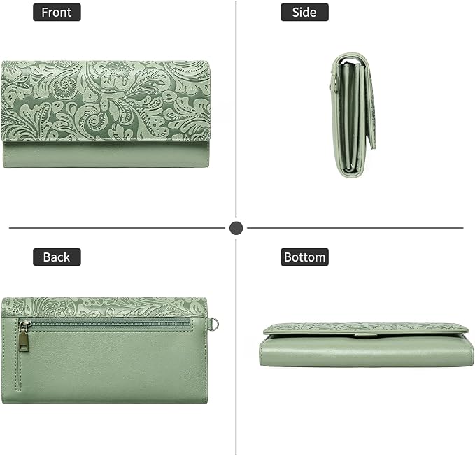 GOIACII Wristlet Wallets for Women RFID Blocking Western Clutch Green | Embossed Leather, Vintage Design, Trifold, Large Billfolds, Ladies Purses with Zipper Coin Pocket - Image 8
