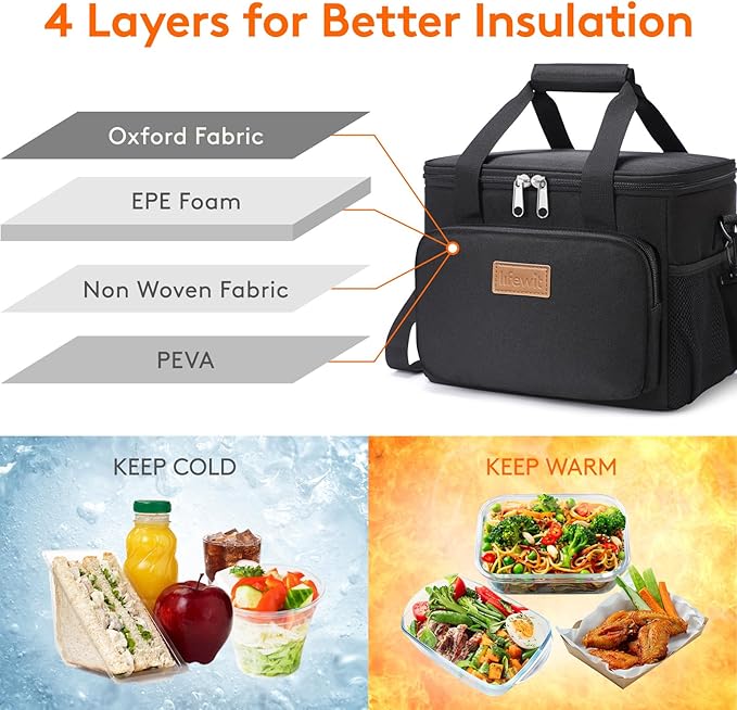 Lifewit Medium Lunch Bag, Insulated Lunch Box, Soft Cooler Cooling Tote for Adult Men Women, Black 12-Can (9L) - Image 3