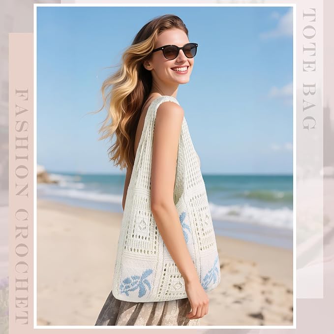 Sightor Crochet Tote Bag, Mesh Beach Bag Knit Summer Hobo Bag for Women | Beach Tote bag Vacation Outfits Aesthetic Boho Bag - Image 3